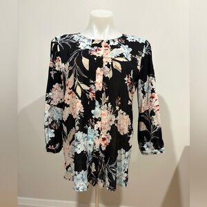 Karl Lagerfeld Black Floral Pleated Blouse with Pastel Blooms